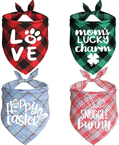 JOTFA 4 Pack Valentine's Day St. Partick's Day Easter Dog Bandanas, Holiday Plaid Dog Puppy Bandana Scarf Costume for Small Medium Large Dogs Pets