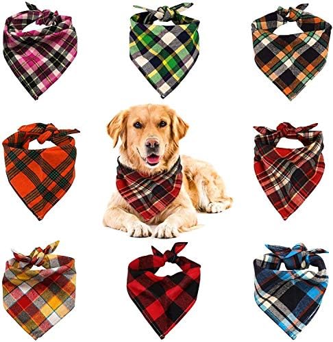 VIPITH 8 Pack Triangle Dog Bandana, Reversible Plaid Painting Bibs Scarf, Washable and Adjustable Kerchief Set for Dogs Cats Pets……