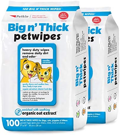 Petkin Pet Wipes for Dogs and Cats, 200 Wipes - Large Pet Wipes for Dogs and Cats - Cleans Ears, Face, Butt, Body and Eye Area - Convenient, Ideal for Home or Travel - 2 Packs of 100 Wipes