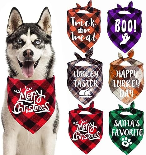 STMK 6 Pack Holiday Dog Bandanas, Halloween Thanksgiving Day Christmas Dog Bandanas for Large Dogs Costumes (Large)
