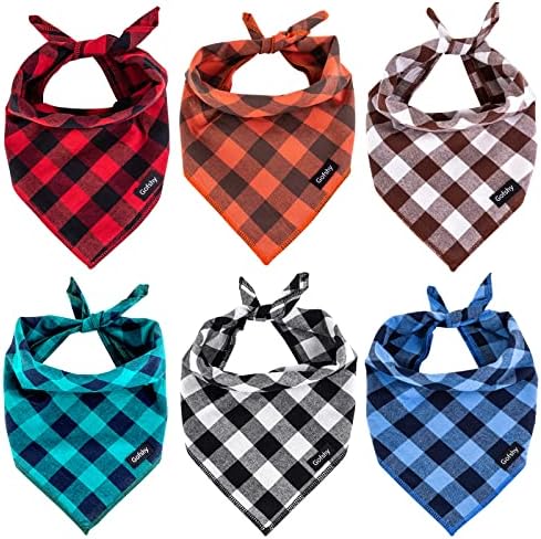 Gofshy Buffalo Plaid Dog Bandanas Fall Christmas Small 6PCS Dog Gifts Red Blue Green Orange Black Brown Dog Scarf Adjustable Kerchief for Small X-Small Dogs Cats Puppy Bandana