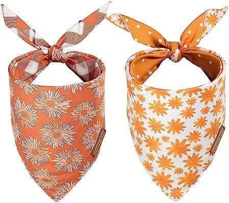 CROWNED BEAUTY Fall Dog Bandanas Reversible Large 2 Pack, Daisy Set, Buffalo Plaid Polka Dots Adjustable Triangle Scarves for Medium Large Extra Large Dogs Girl Boy Pets Orange DB64-L