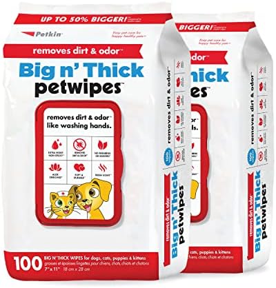 Petkin Pet Wipes for Dogs and Cats, 200 Large Wipes - Removes Dirt & Odor Like Washing Hands - Cleans Ears, Face, Butt, Eye Area - Convenient, Ideal for Home or Travel - 2 Packs of 100 Wipes
