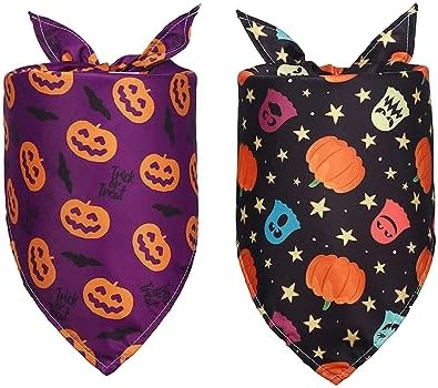 Halloween Dog Bandanas 2Pack, VIPITH Dog Scarf Holiday Dog Bandana Printed with Pumpkin Bat Ghost Halloween Decorations, Washable Triangle Dog Neckerchief Dog Bibs for Small Medium Large Dog