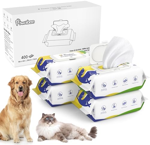 Pawaboo Dog Wipes for Paws and Butt, Unscented Hypoallergenic Pet Wipes for Dog Cat, Soft Thick Dog Grooming Wipe for Cleaning Deodorizing with Lids, Puppy Wipes for Face Ears Body- 4Pack/400Count