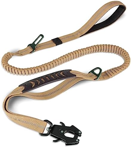 Joytale Tactical Dog Leash Heavy Duty,4-6FT Shock Absorbing Bungee Dog Leash with 2 Padded Handle,Metal Carabiner Clip,Car Seatbelt,Strong No Pull Dog Leash for Medium Large X-Large Dogs,Coyote Brown