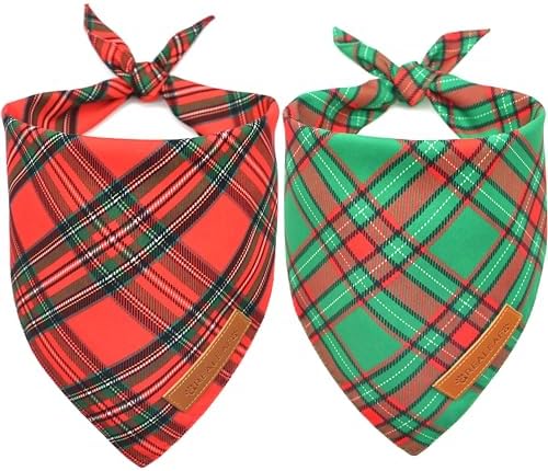 Realeaf Christmas Dog Bandanas 2 Pack, Reversible Red Green Plaid Dog Scarf, Xmas Pet Bandana for Boy and Girl, Premium Durable Fabric, Holiday Check Bandana for Medium and Large Dogs Pets (Large)