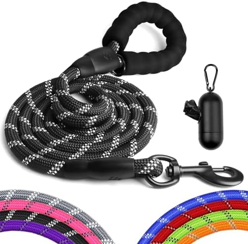 Perperqer Dog Leash Heavy Duty,4/5/6 FT Dog leashes for Medium Puppy Small Large Breed Dogs with Comfortable Handle, Reflective Rope Pet Leash for Night Walking with Poop Bag Holder,Black,1/2 inch