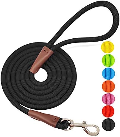 MayPaw 4FT/6FT/8FT/10FT Dog Leash, Classic Solid Colors, Durable Mountain Climbing Rope Dog Leash Reinforced with Leather Tailor Connection Heavy Duty Silver Clasp, Black Dog Leash