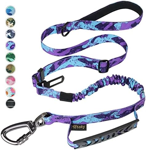 Hotsky Tactical Dog Leash Heavy Duty for Medium Large Dogs, 4-6Ft Strong Bungee Shock Absorbing Dog Leash, Padded Double Handle Military Dog Leashes with Car Seatbelt for Training, Purple Camo