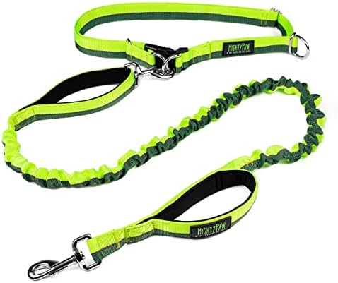 Mighty Paw Hands Free Bungee Leash 2.0 | 4’ Dog Lead W/Dual Padded Traffic Handles for Running, Hiking & Jogging. Wearable Belt (27-48” Waistband) W/ 2 Attachment Loops. Pets Up to 150lb (Green)