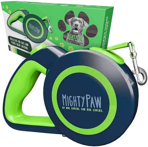 Mighty Paw Retractable Dog Leash 2.0 | 16' Heavy Duty Reflective Nylon Tape Lead for Pets up to 110lbs. Tangle Free Design W/One Touch Quick-Lock Braking System & Anti-Slip Handle (Green/Lite)
