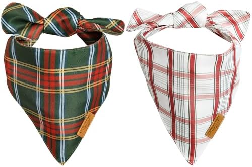 Remy+Roo Dog Bandanas - 2 Pack | Holiday Plaids Set | Premium Durable Fabric | Patented Shape | Adjustable Fit | Multiple Sizes Offered (Large)